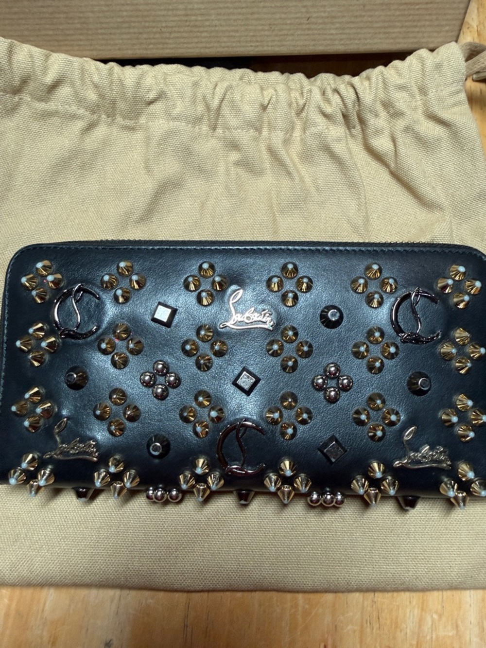 Christian Louboutin Black Leather Studded Zip-Around Wallet - Picture 3 of 10